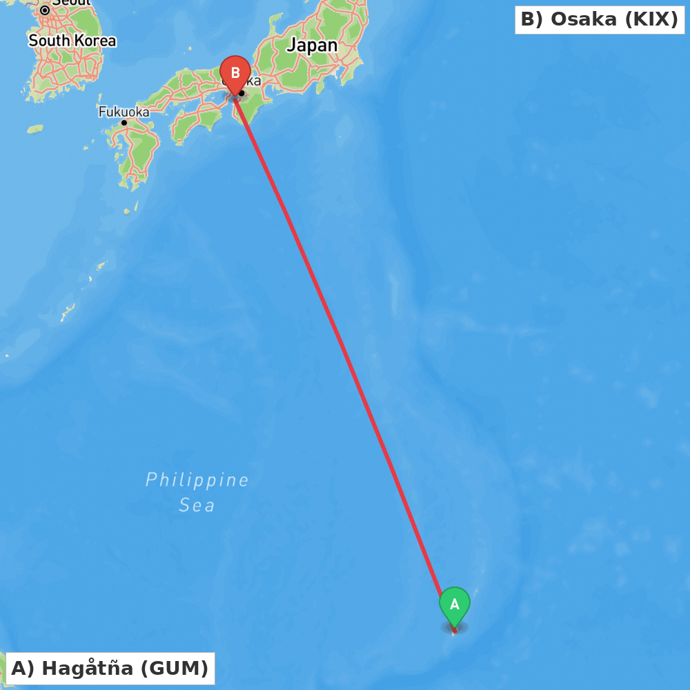 Flight route map from Hagåtña to Osaka