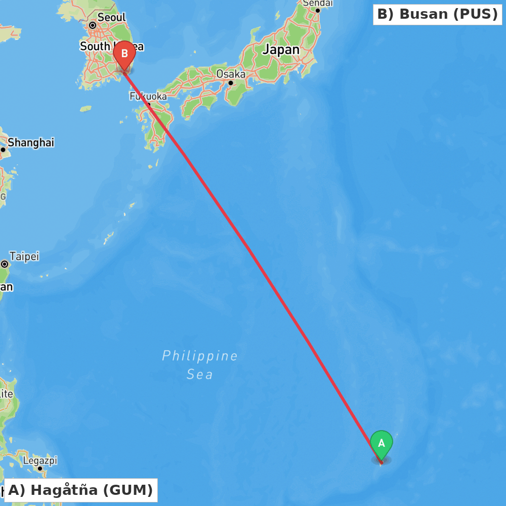 Flight route map from Hagåtña to Busan