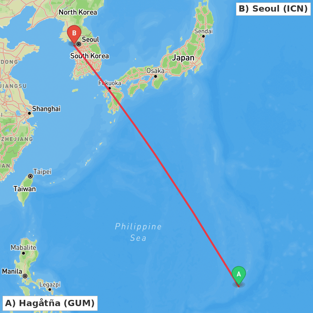 Flight route map from Hagåtña to Seoul