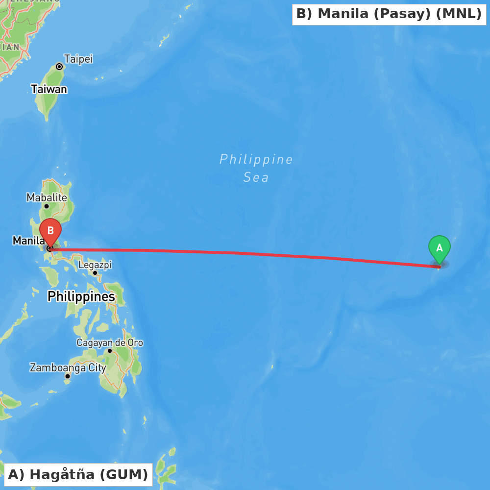 Flight route map from Hagåtña to Manila (Pasay)