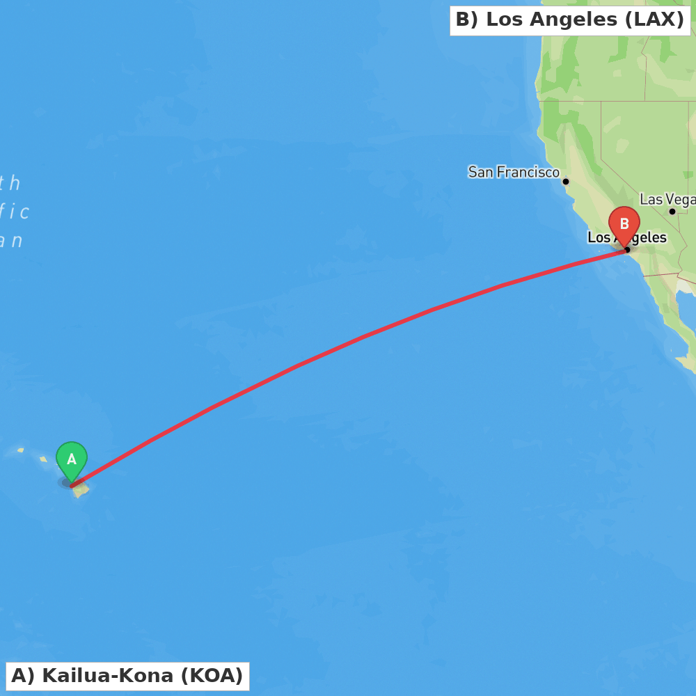 Flight route map from Kailua-Kona to Los Angeles