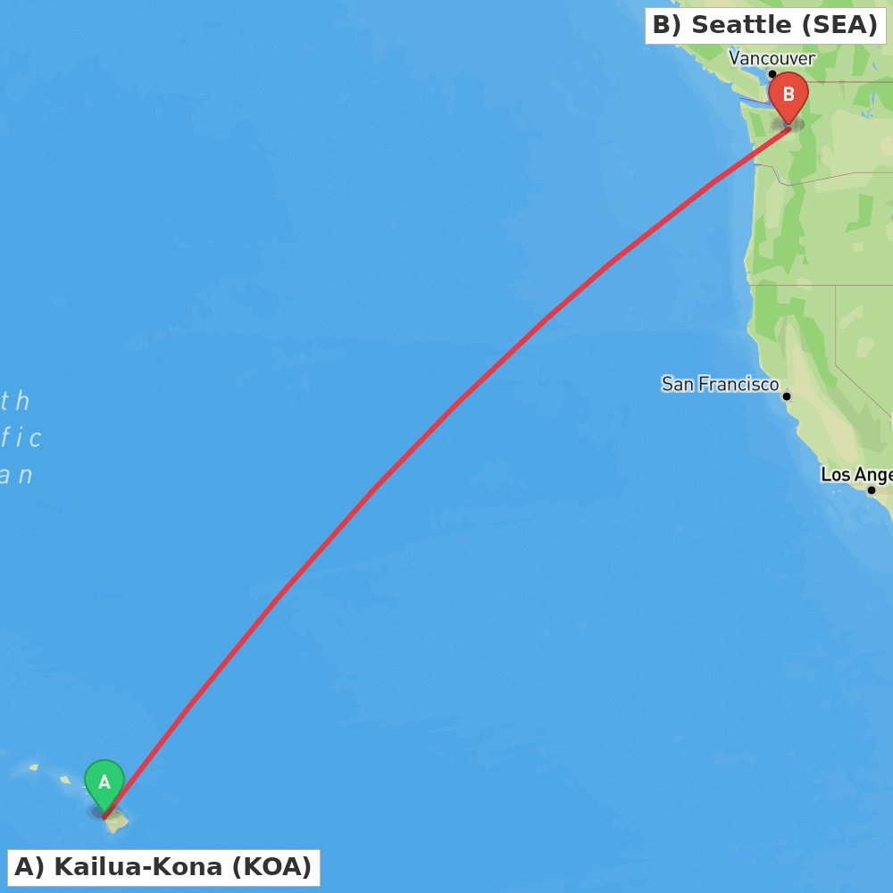 Flight route map from Kailua-Kona to Seattle