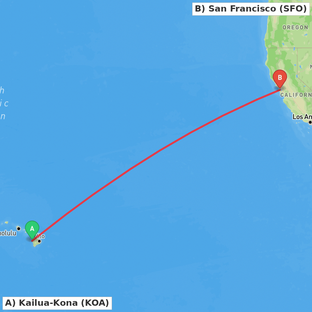 Flight route map from Kailua-Kona to San Francisco