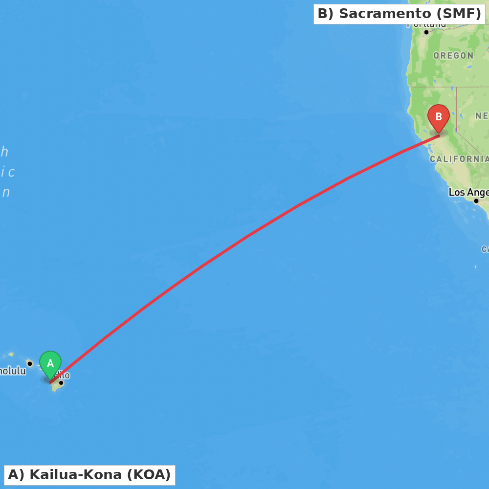 Flight route map from Kailua-Kona to Sacramento