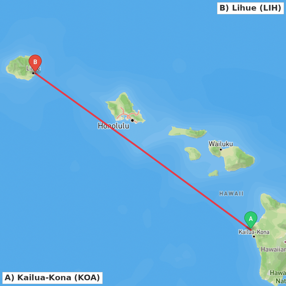 Flight route map from Kailua-Kona to Lihue