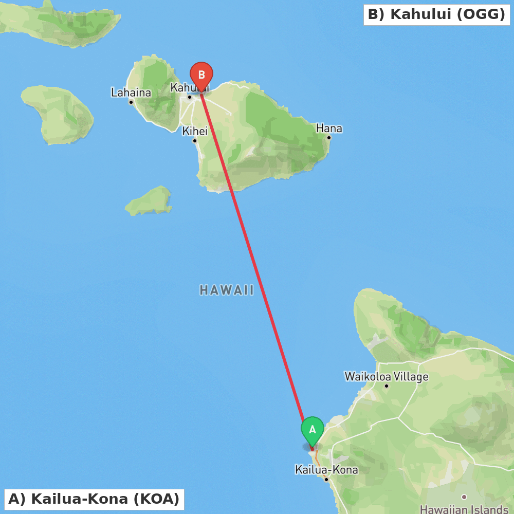 Flight route map from Kailua-Kona to Kahului