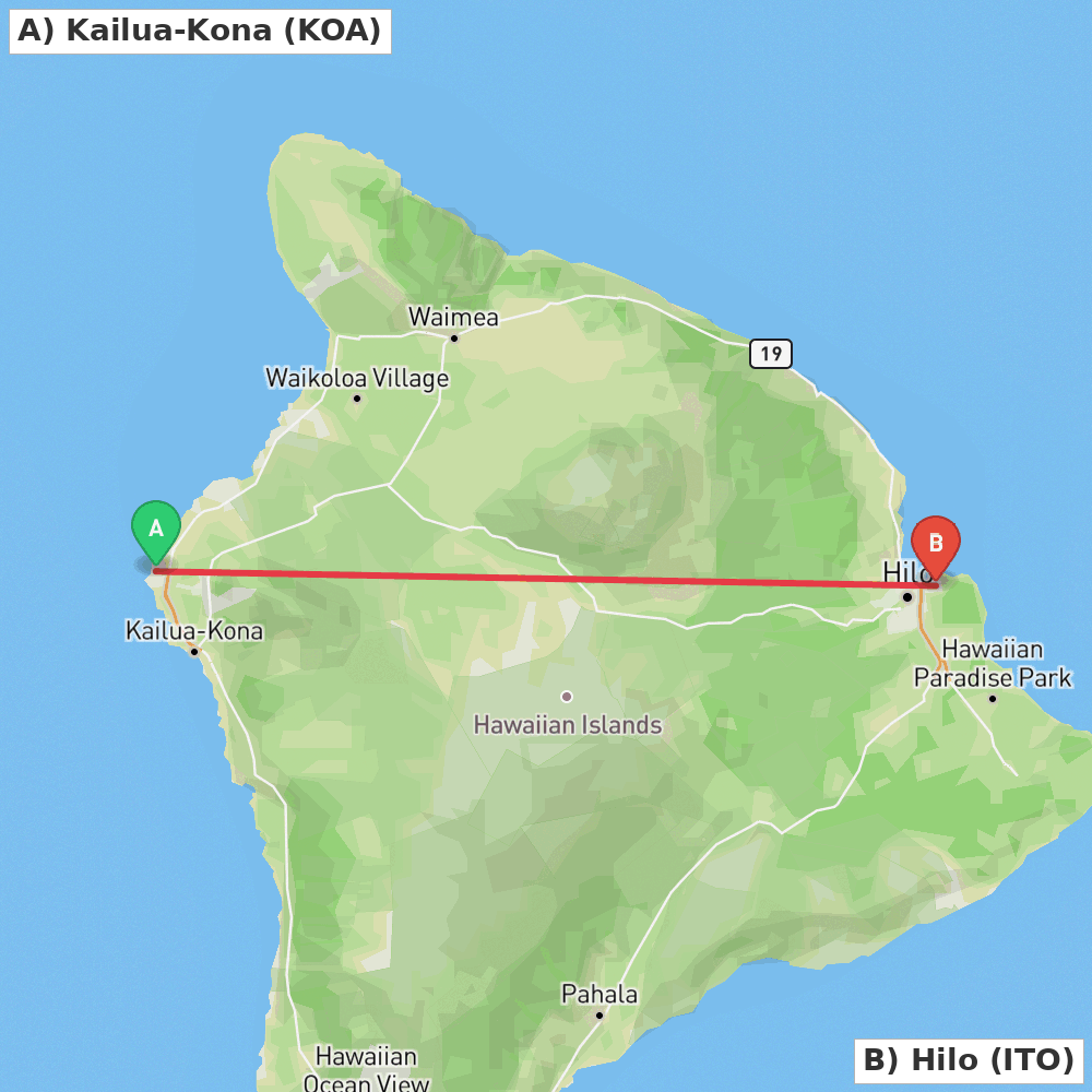 Flight route map from Kailua-Kona to Hilo