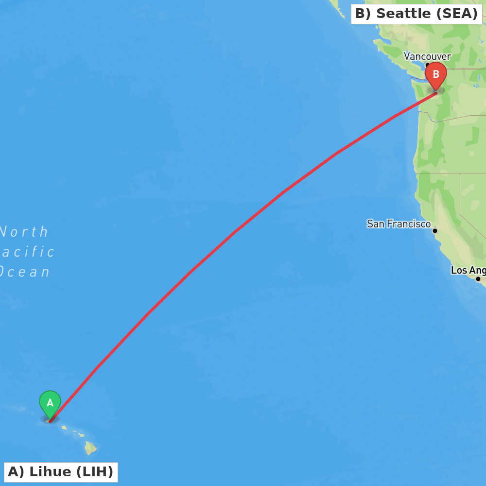 Flight route map from Lihue to Seattle