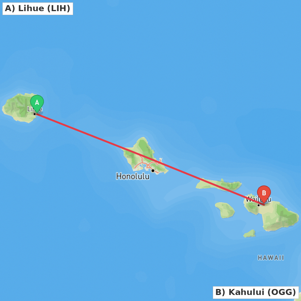 Flight route map from Lihue to Kahului