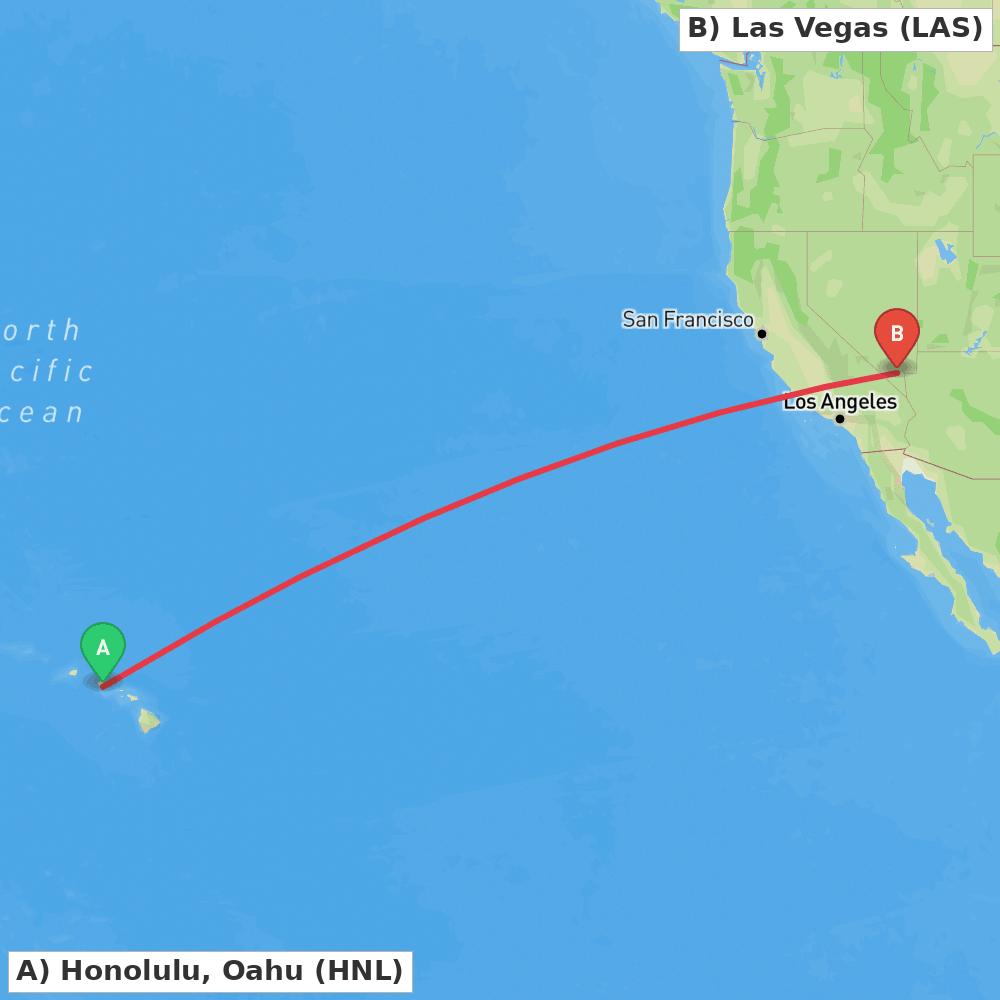 Flight route map from Honolulu, Oahu to Las Vegas