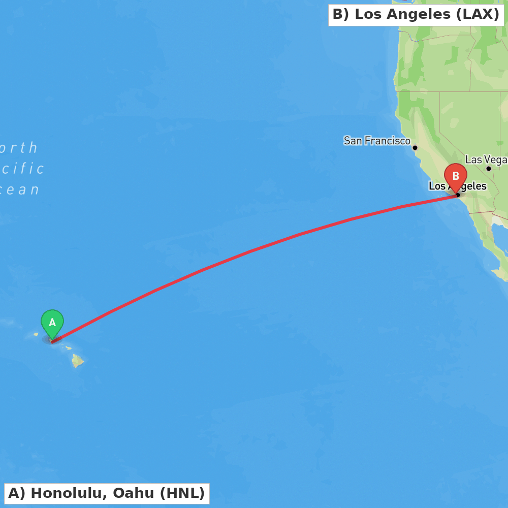Flight route map from Honolulu, Oahu to Los Angeles