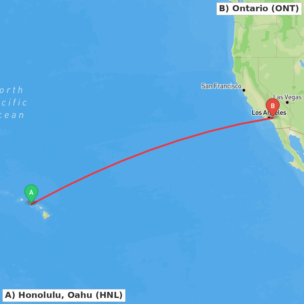 Flight route map from Honolulu, Oahu to Ontario