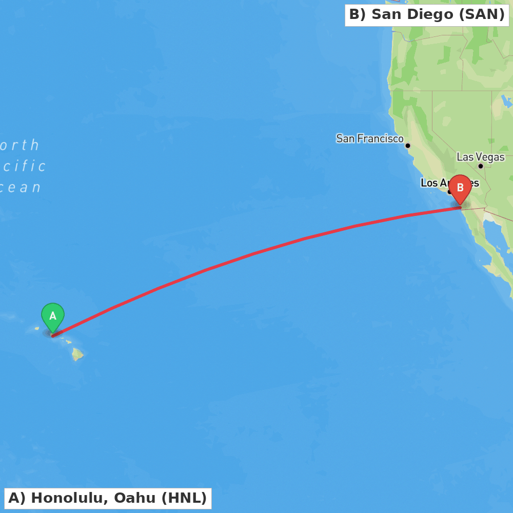 Flight route map from Honolulu, Oahu to San Diego