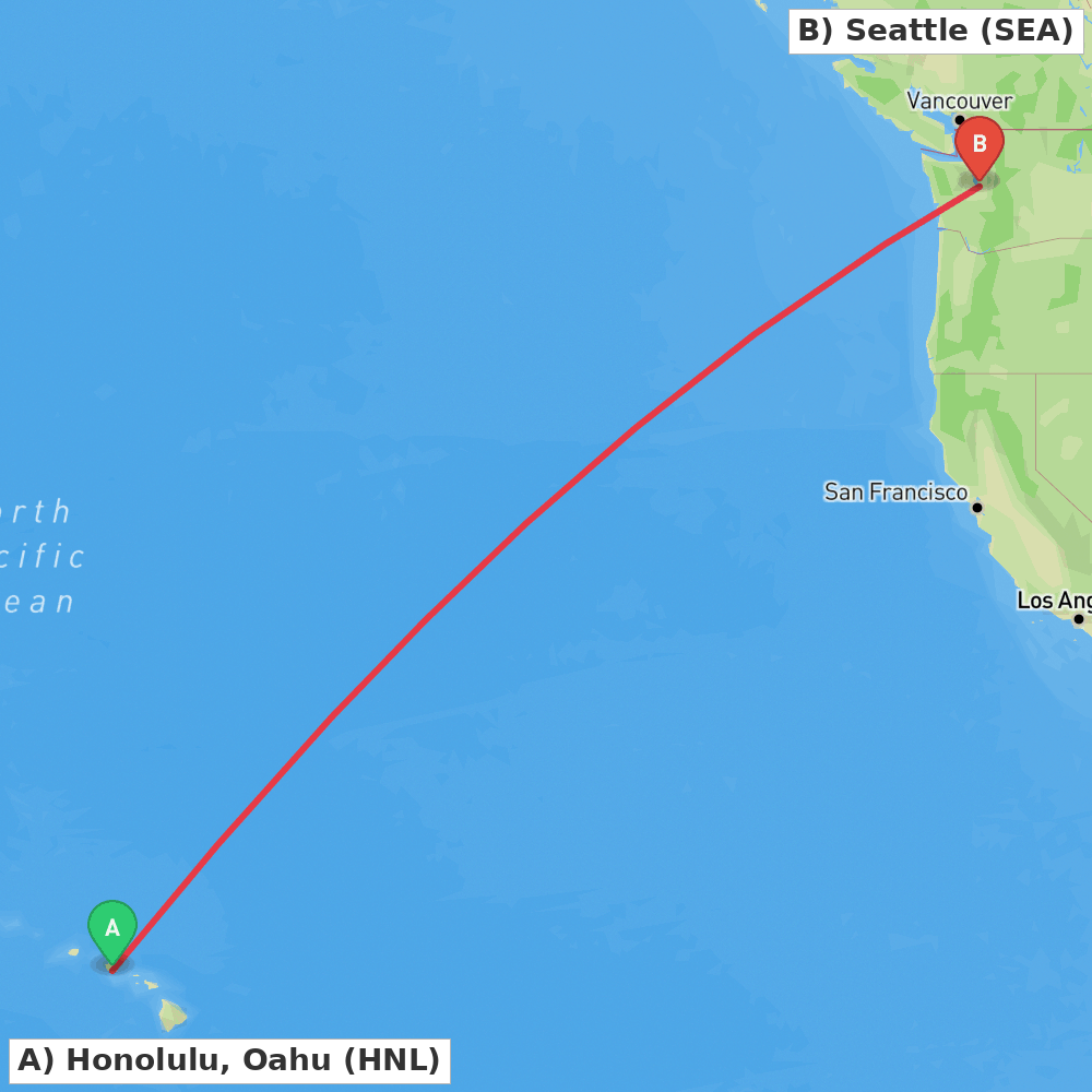Flight route map from Honolulu, Oahu to Seattle