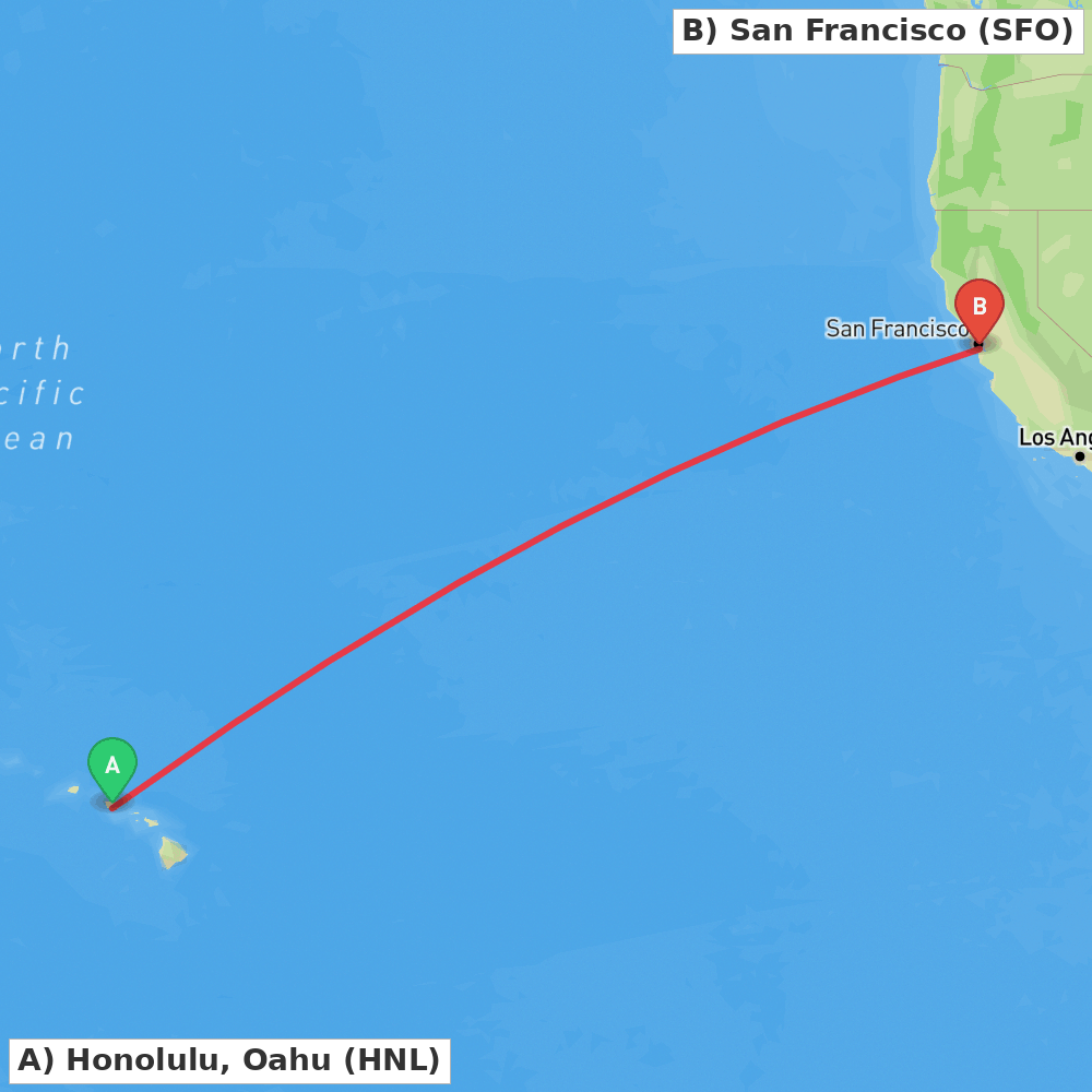 Flight route map from Honolulu, Oahu to San Francisco