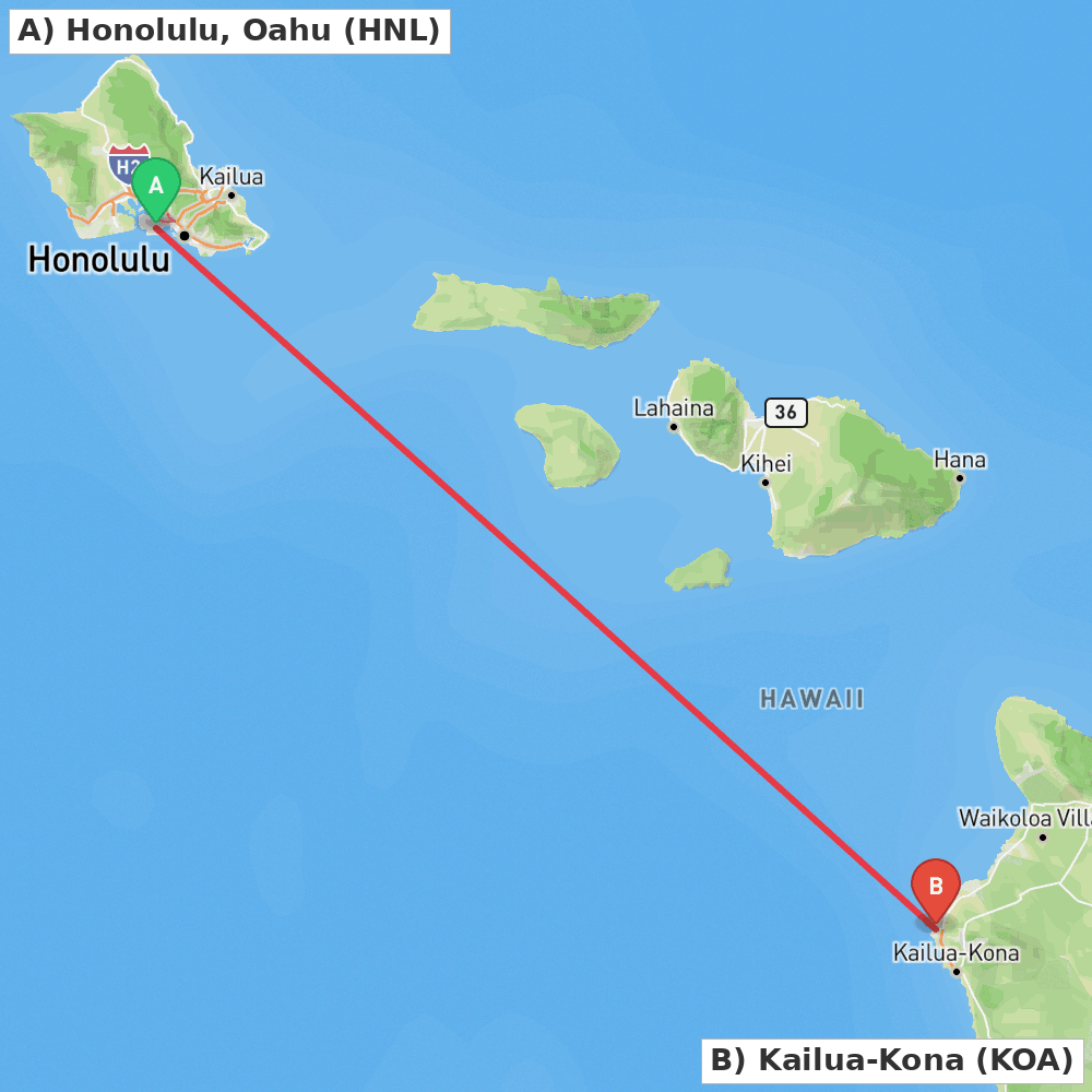 Flight route map from Honolulu, Oahu to Kailua-Kona