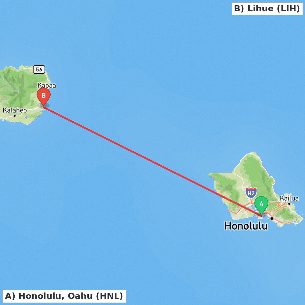 Flight route map from Honolulu, Oahu to Lihue