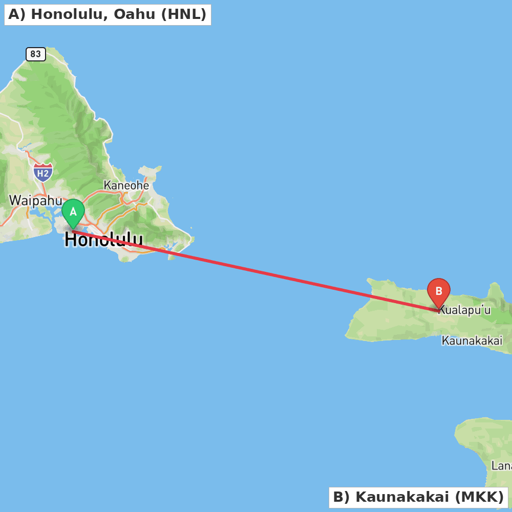 Flight route map from Honolulu, Oahu to Kaunakakai