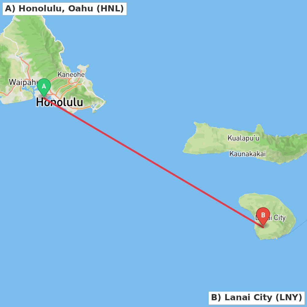 Flight route map from Honolulu, Oahu to Lanai City
