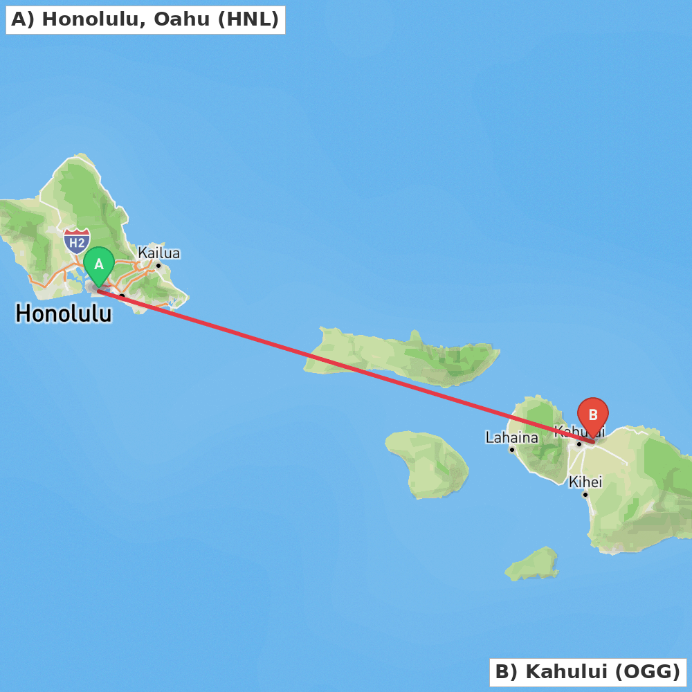 Flight route map from Honolulu, Oahu to Kahului