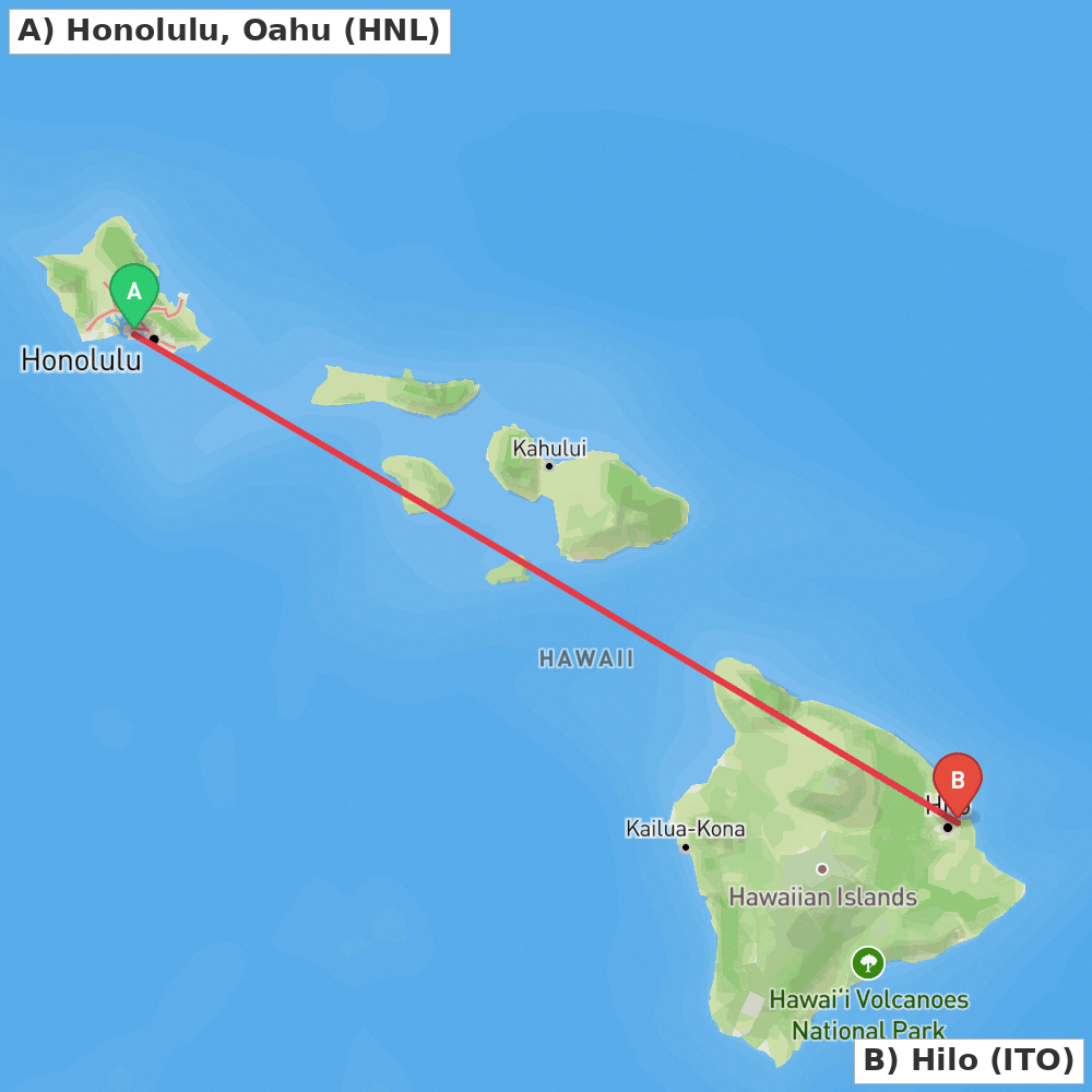 Flight route map from Honolulu, Oahu to Hilo