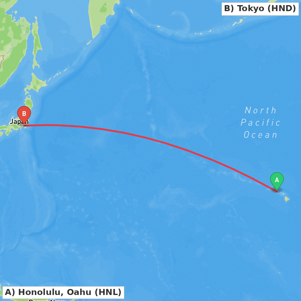 Flight route map from Honolulu, Oahu to Tokyo