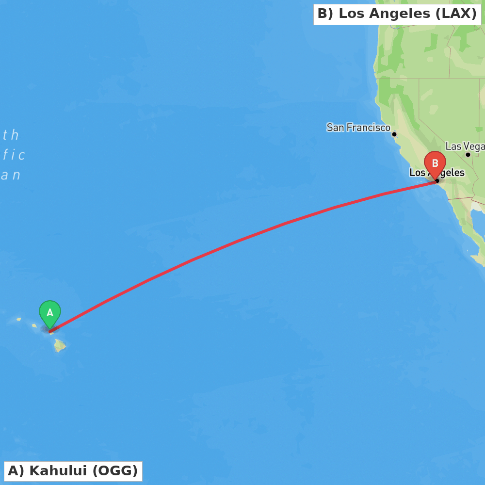 Flight route map from Kahului to Los Angeles