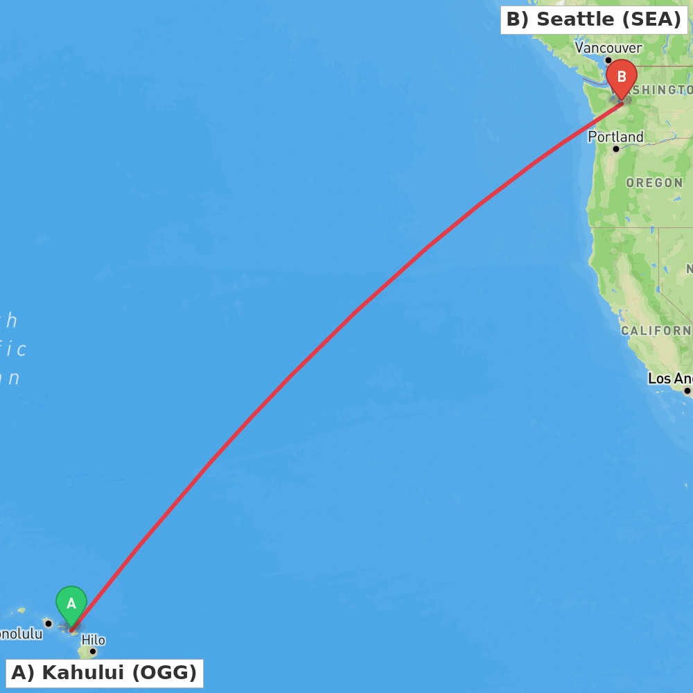 Flight route map from Kahului to Seattle