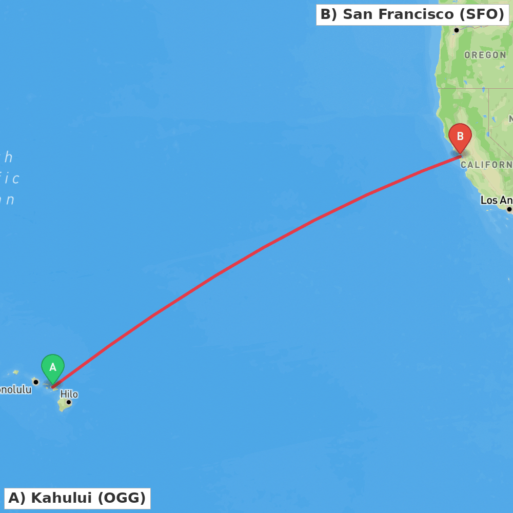 Flight route map from Kahului to San Francisco