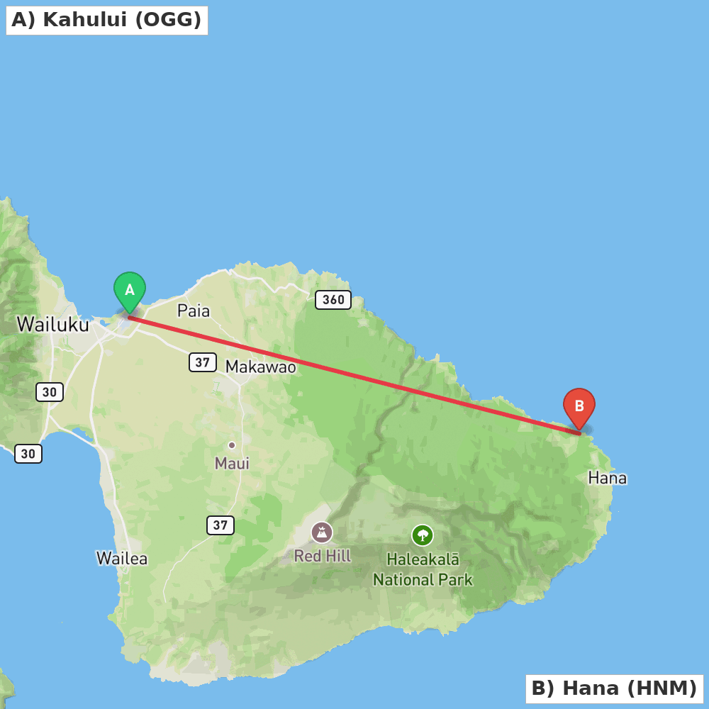 Flight route map from Kahului to Hana