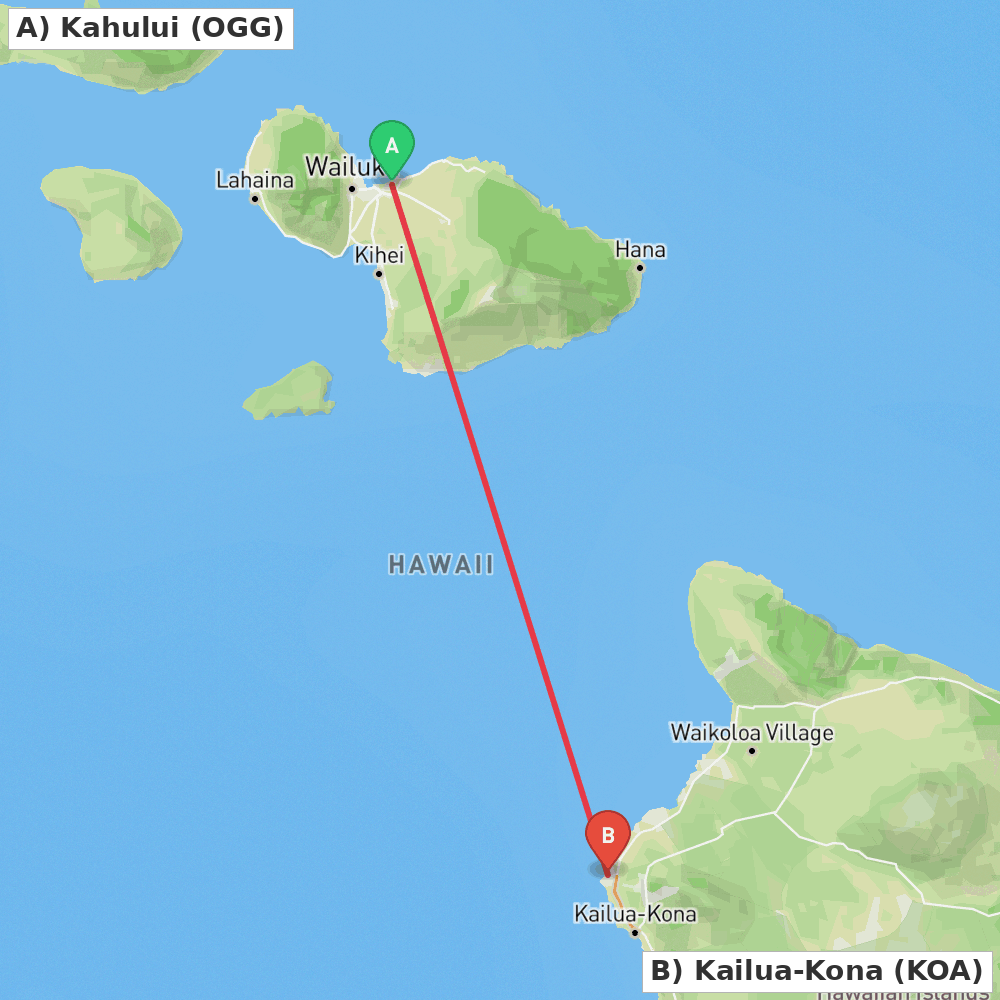 Flight route map from Kahului to Kailua-Kona