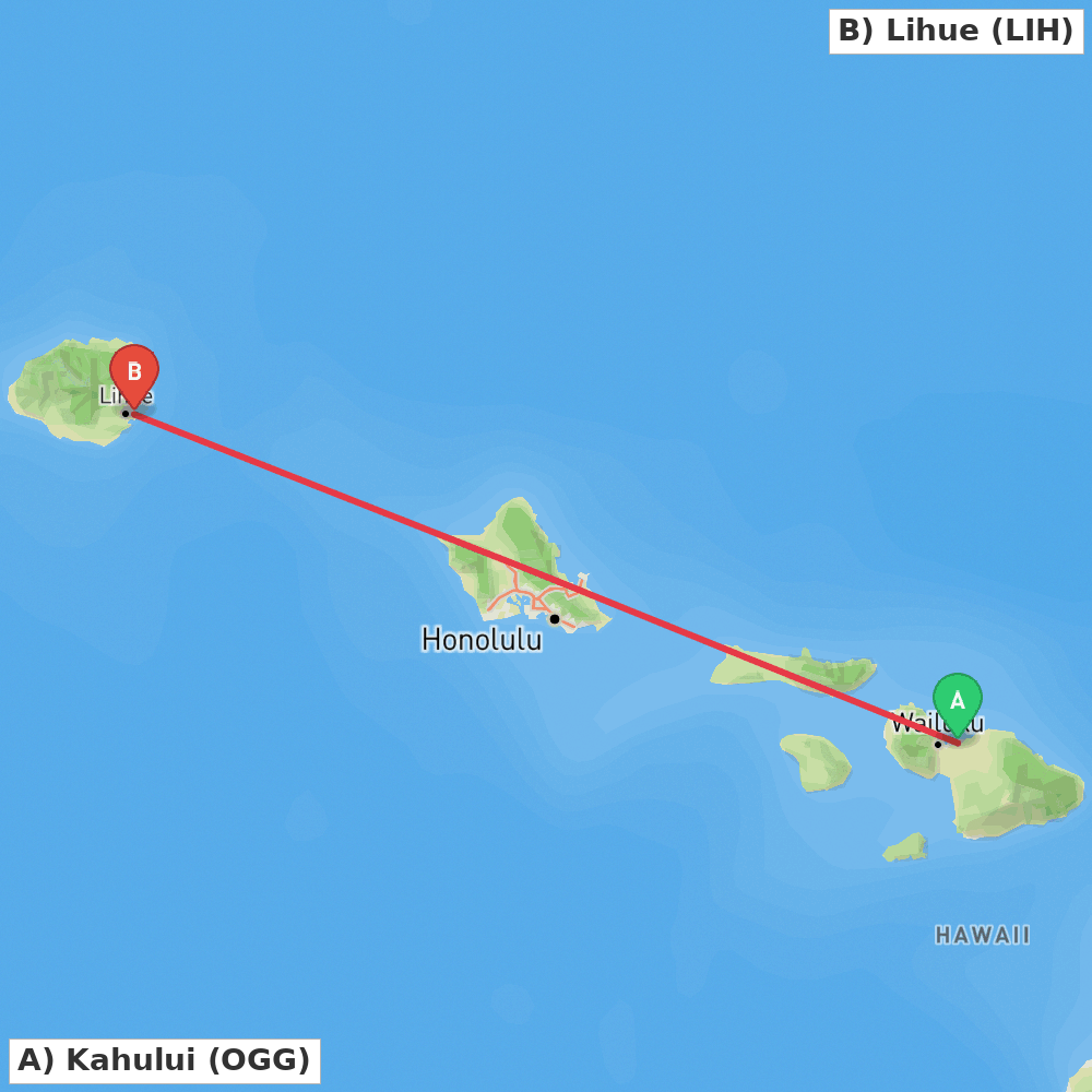 Flight route map from Kahului to Lihue