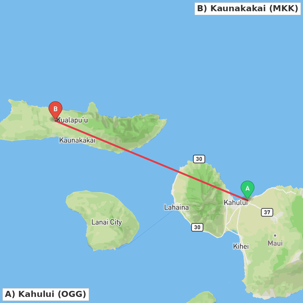 Flight route map from Kahului to Kaunakakai
