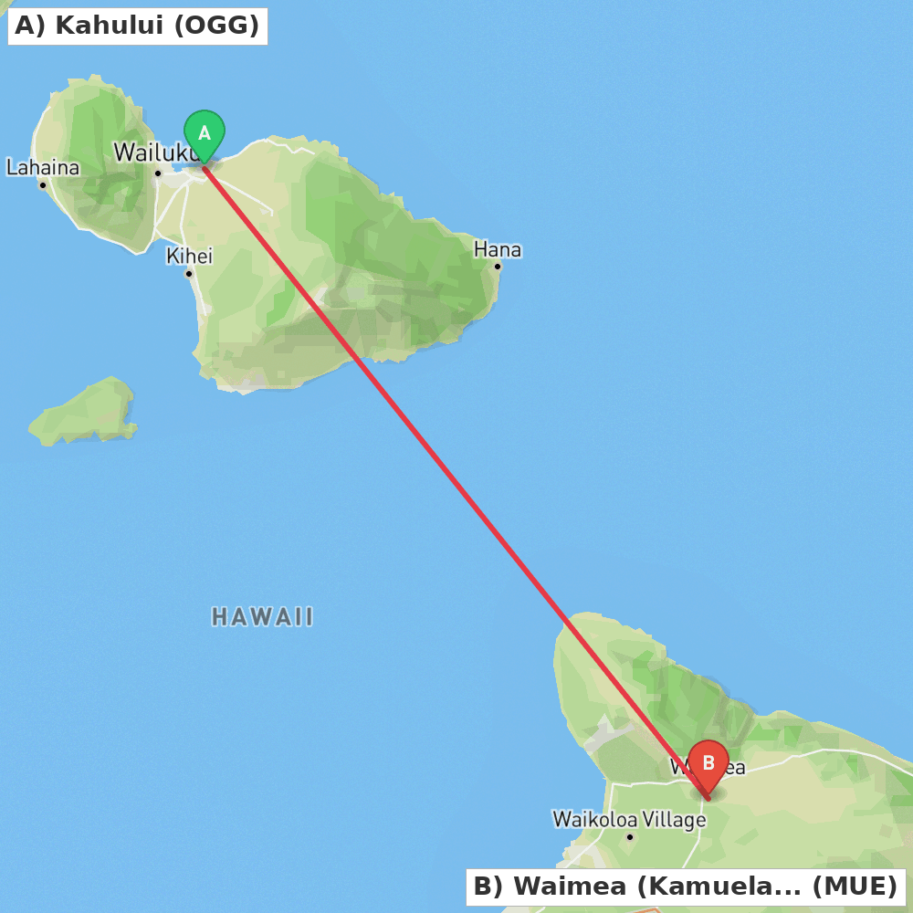 Flight route map from Kahului to Waimea (Kamuela)