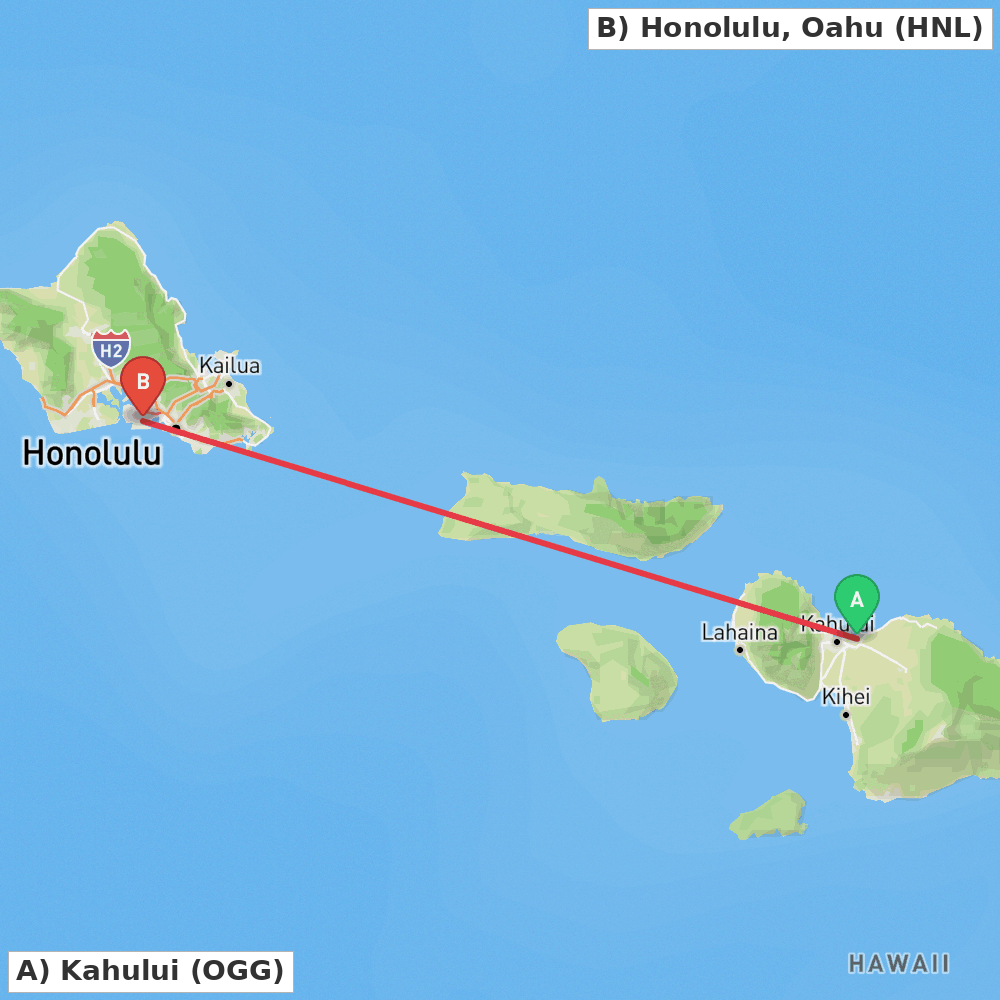 Flight route map from Kahului to Honolulu, Oahu
