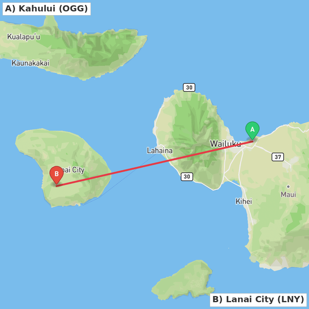 Flight route map from Kahului to Lanai City