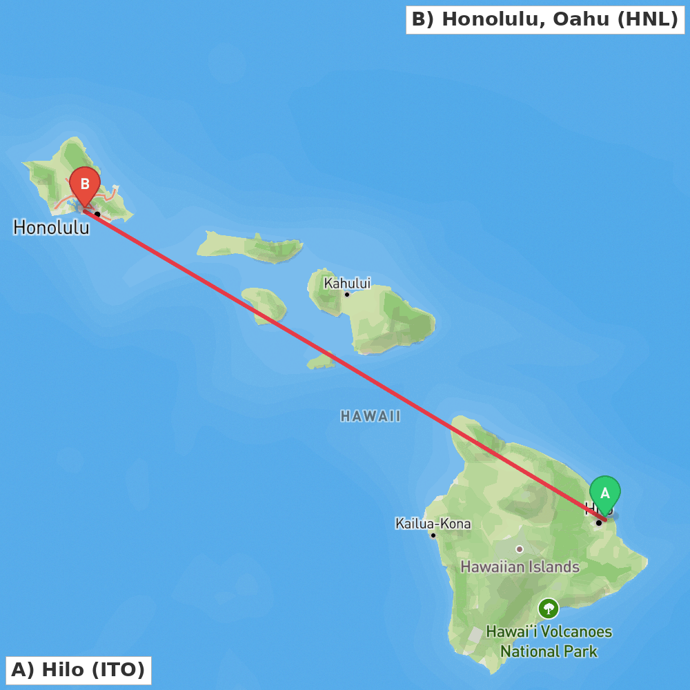 Flight route map from Hilo to Honolulu, Oahu