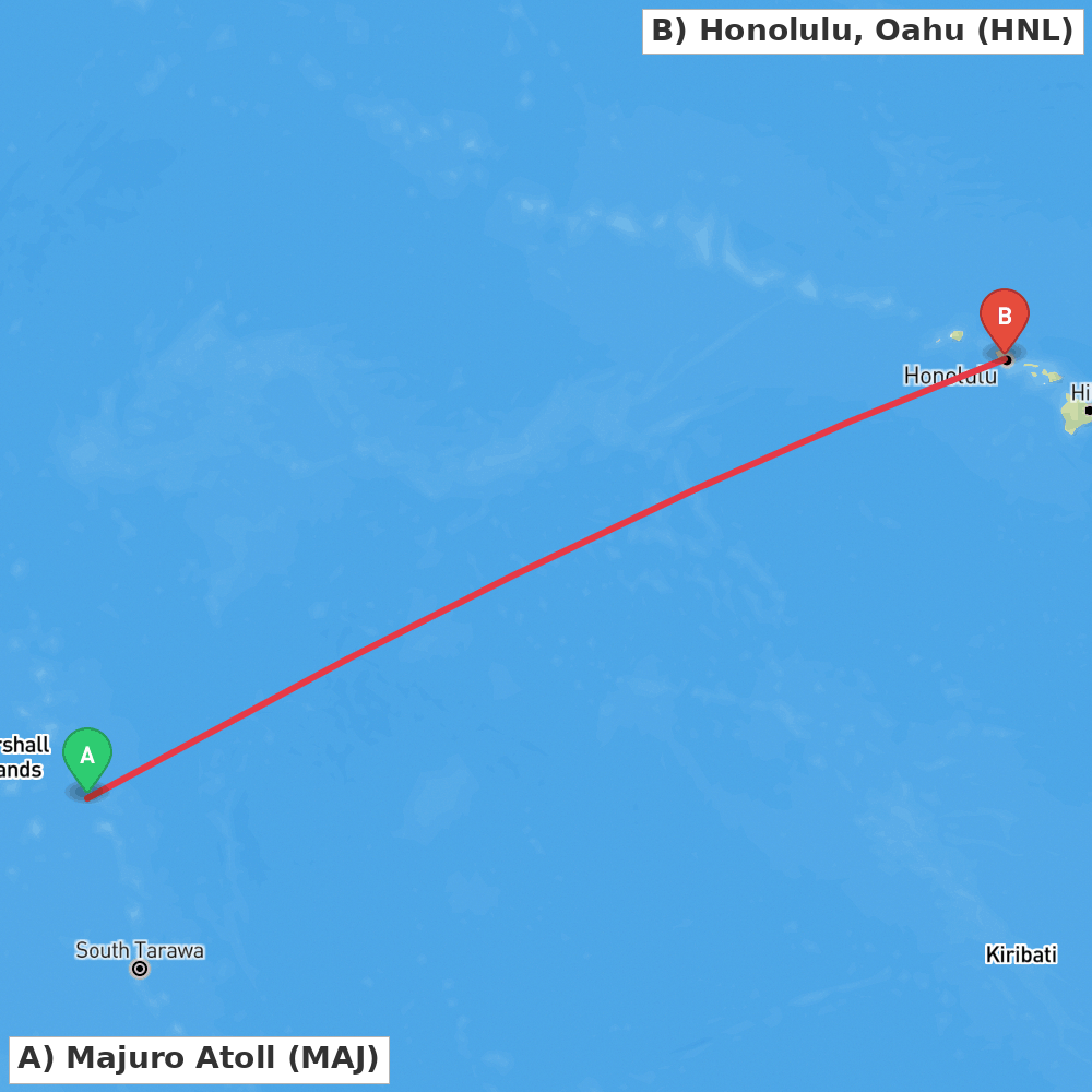 Flight route map from Majuro Atoll to Honolulu, Oahu