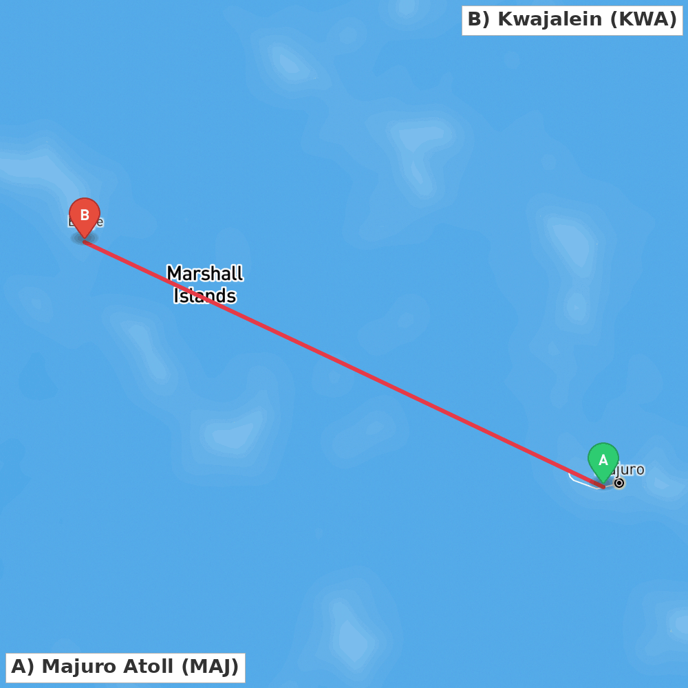 Flight route map from Majuro Atoll to Kwajalein