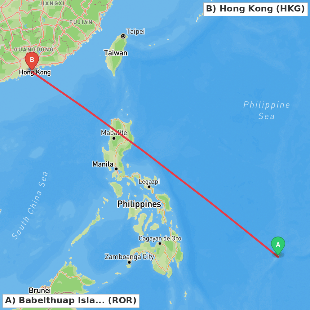 Flight route map from Babelthuap Island to Hong Kong