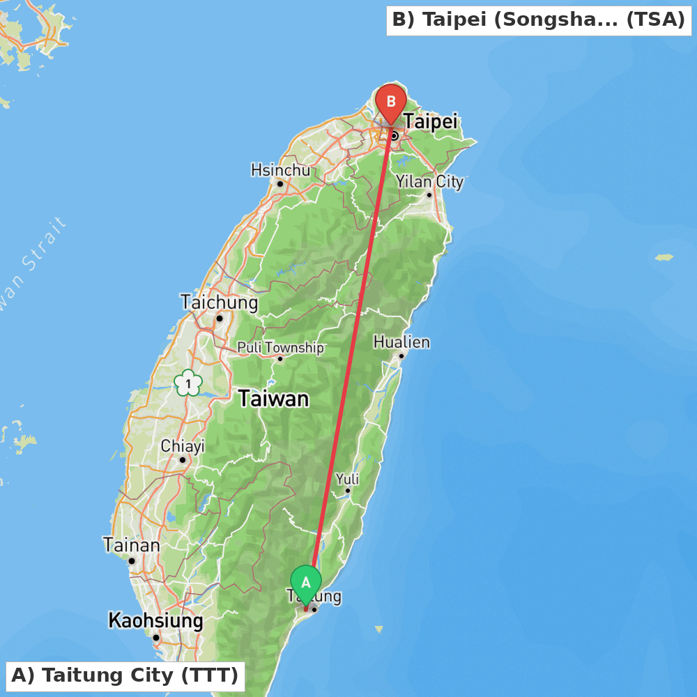 Flight route map from Taitung City to Taipei (Songshan)