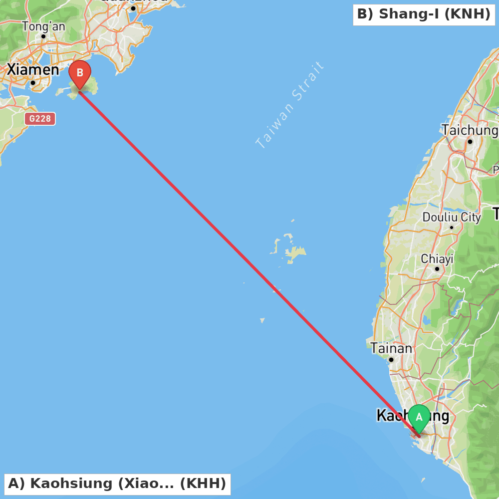 Flight route map from Kaohsiung (Xiaogang) to Shang-I