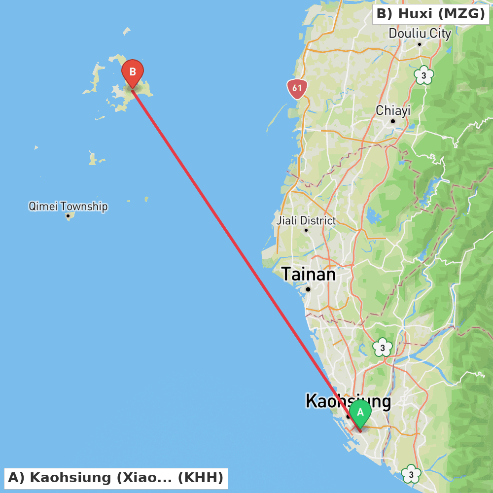 Flight route map from Kaohsiung (Xiaogang) to Huxi
