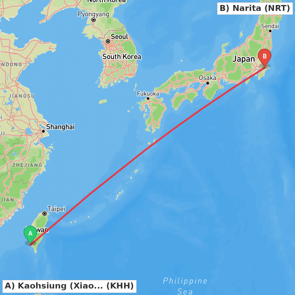 Flight route map from Kaohsiung (Xiaogang) to Narita