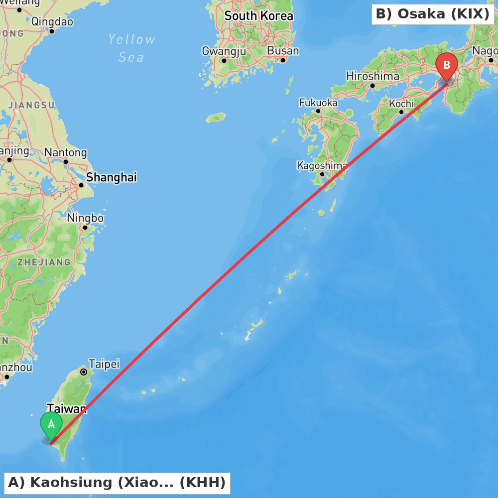 Flight route map from Kaohsiung (Xiaogang) to Osaka