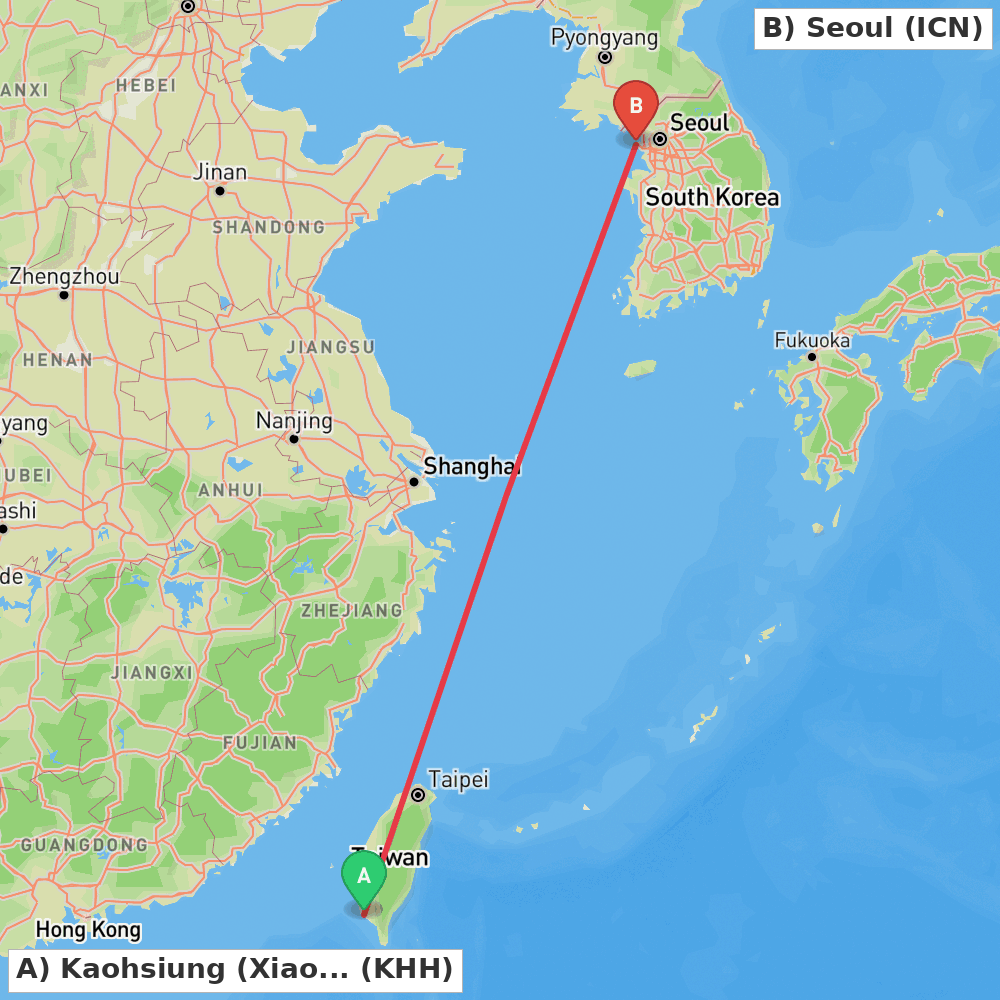 Flight route map from Kaohsiung (Xiaogang) to Seoul