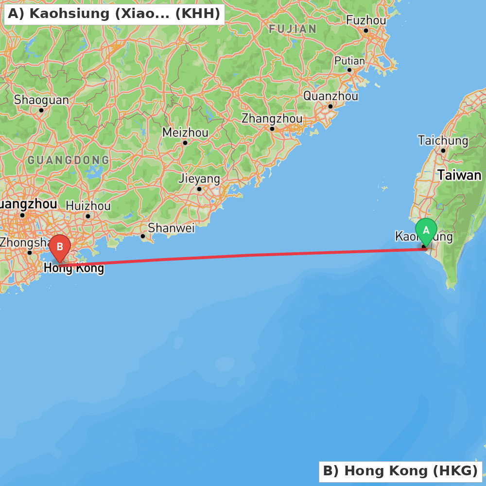 Flight route map from Kaohsiung (Xiaogang) to Hong Kong