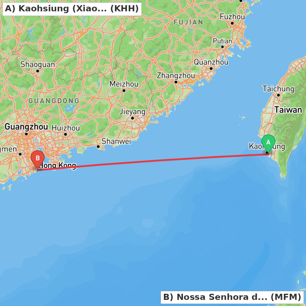 Flight route map from Kaohsiung (Xiaogang) to Nossa Senhora do Carmo