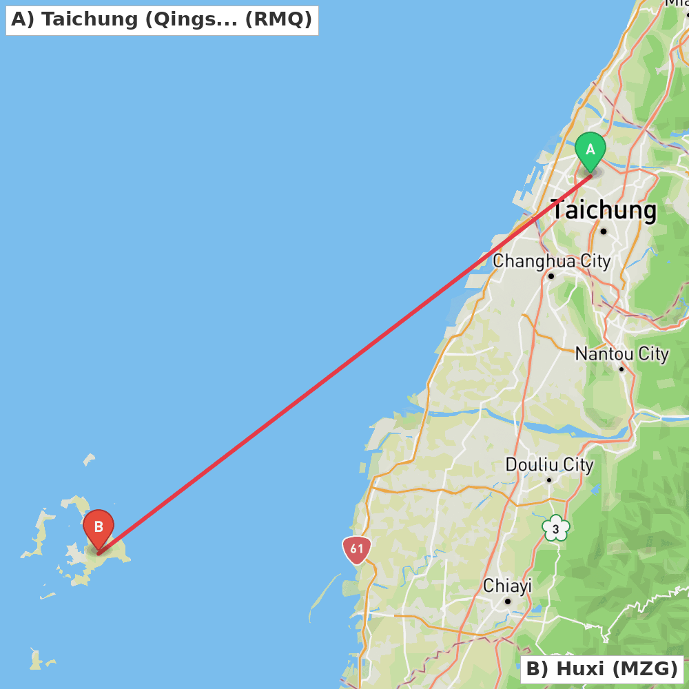 Flight route map from Taichung (Qingshui) to Huxi