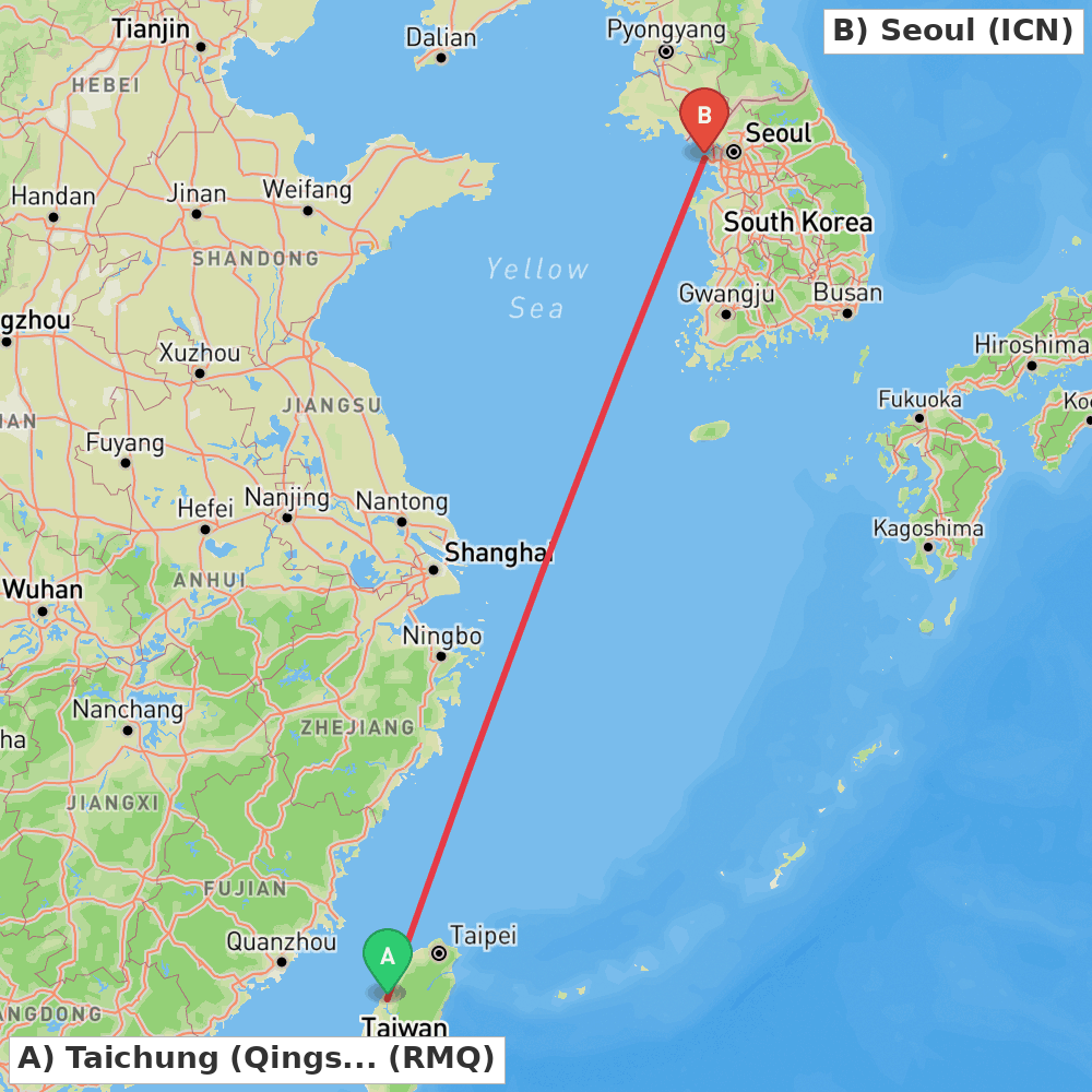 Flight route map from Taichung (Qingshui) to Seoul